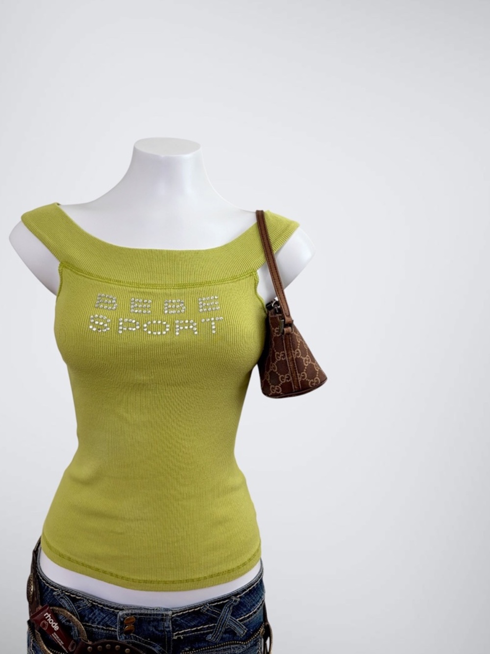 VINTAGE Y2K Bebe Sport Lime Green Rhinestone Spellout Boat Neck Top - Picture 2 of 7